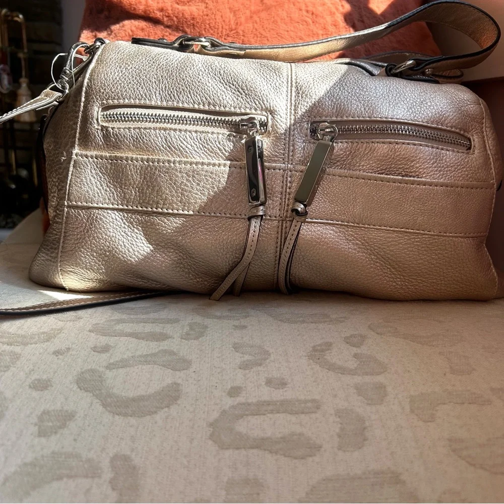 B.Makowsky Champagne Metallic Satchel Leather Crossbody Bag